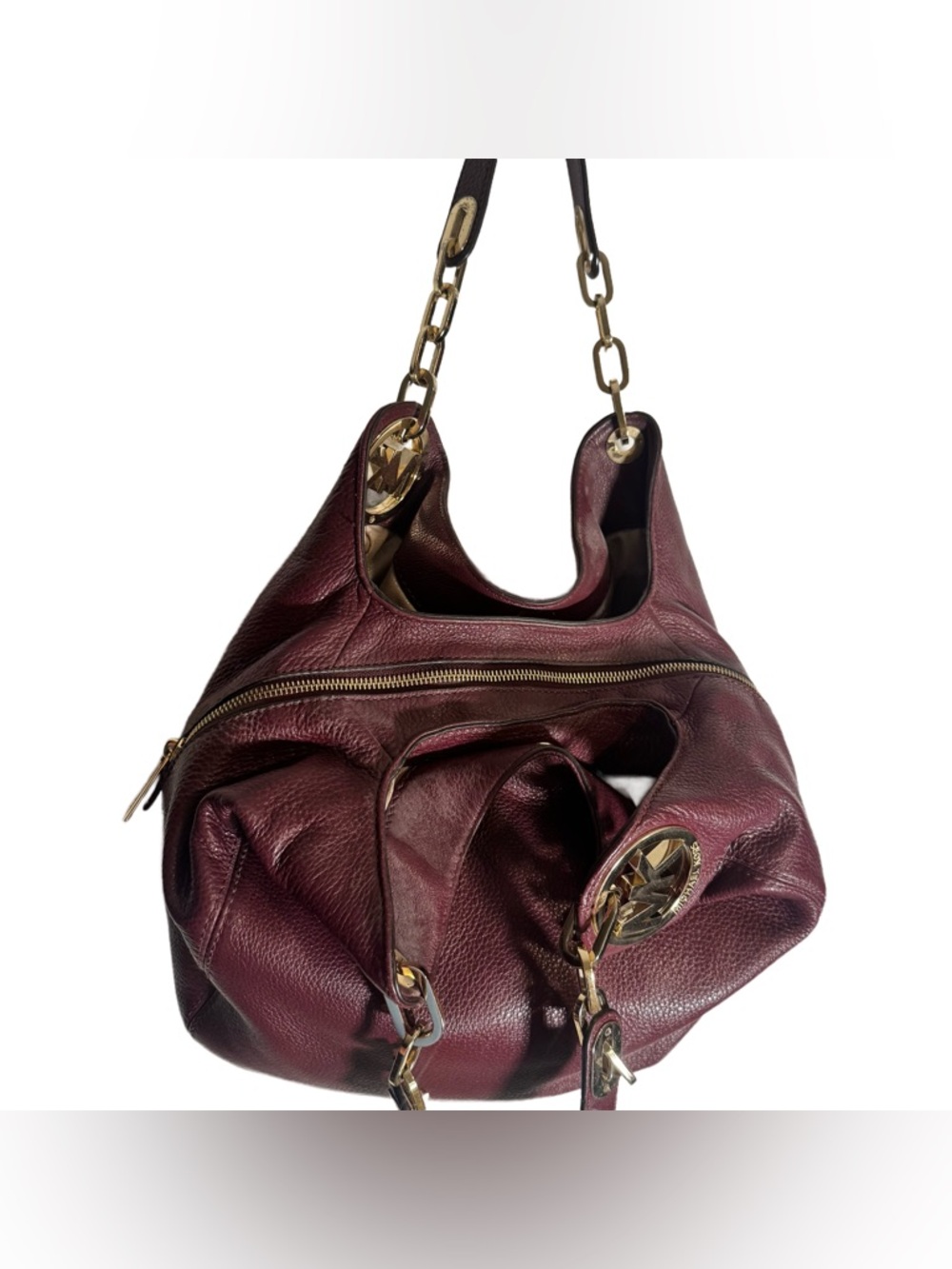 Michael Kors Fulton Hobo Bag Burgundy Pebbled Leather Tote Gold Shoulder Bag - Picture 6 of 7